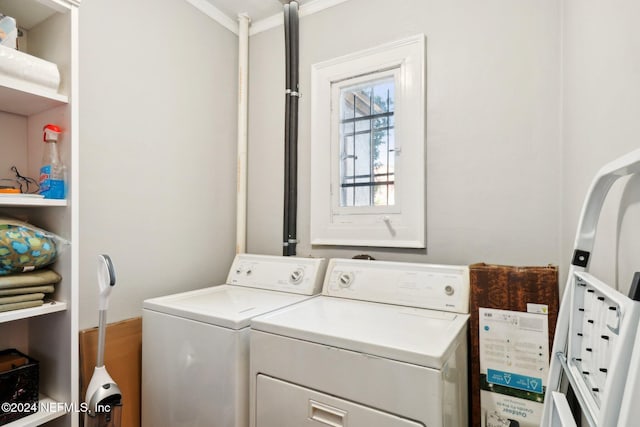 washroom featuring washer and clothes dryer and ornamental molding