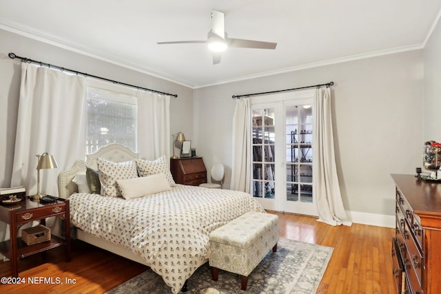 bedroom with ceiling fan, french doors, light hardwood / wood-style floors, and ornamental molding