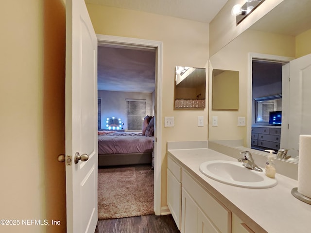 bathroom with hardwood / wood-style floors and vanity