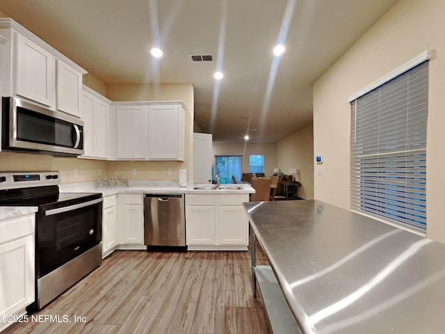 kitchen with white cabinetry, sink, stainless steel appliances, light hardwood / wood-style flooring, and kitchen peninsula