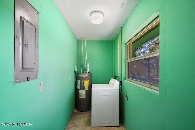 washroom featuring electric panel, electric water heater, and washer / clothes dryer