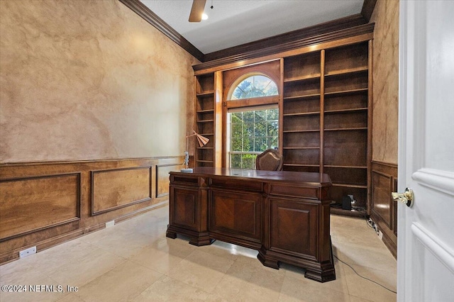 office area featuring ceiling fan, crown molding, and built in features