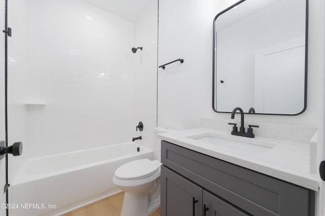 full bathroom featuring shower / tub combination, hardwood / wood-style floors, vanity, and toilet