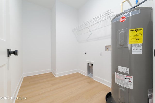 laundry room with hookup for a washing machine, water heater, hardwood / wood-style floors, and hookup for an electric dryer