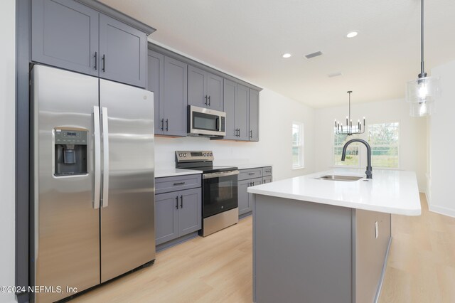 kitchen featuring gray cabinetry, a center island with sink, stainless steel appliances, and sink