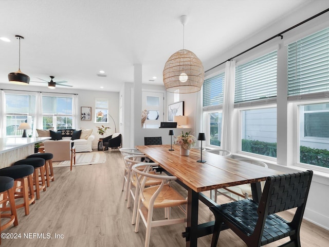 dining area featuring a wealth of natural light, ceiling fan, and light hardwood / wood-style floors