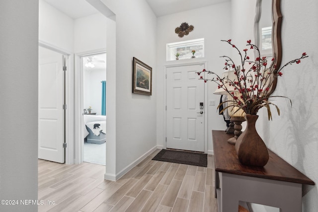 foyer entrance with light hardwood / wood-style floors