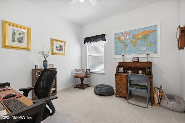 office area with ceiling fan and carpet floors