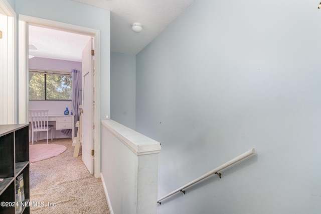 hall featuring light carpet and a textured ceiling