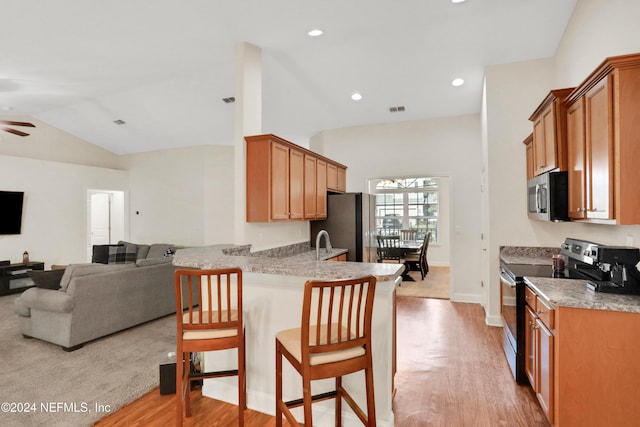 kitchen with light hardwood / wood-style flooring, vaulted ceiling, a kitchen bar, kitchen peninsula, and stainless steel appliances