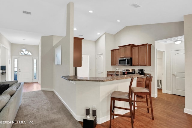 kitchen with hanging light fixtures, light wood-type flooring, lofted ceiling, and appliances with stainless steel finishes