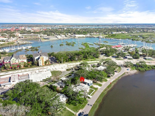 drone / aerial view with a water view