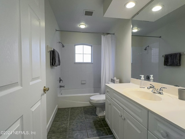 full bathroom with toilet, shower / tub combo, vanity, and tile patterned floors