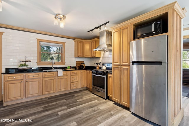 kitchen featuring dark wood-type flooring, stainless steel appliances, a wealth of natural light, and wall chimney exhaust hood