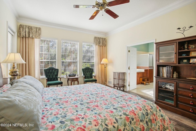 bedroom with connected bathroom, crown molding, ceiling fan, and light hardwood / wood-style floors