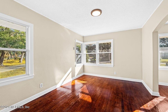 spare room with a textured ceiling, hardwood / wood-style flooring, and a healthy amount of sunlight