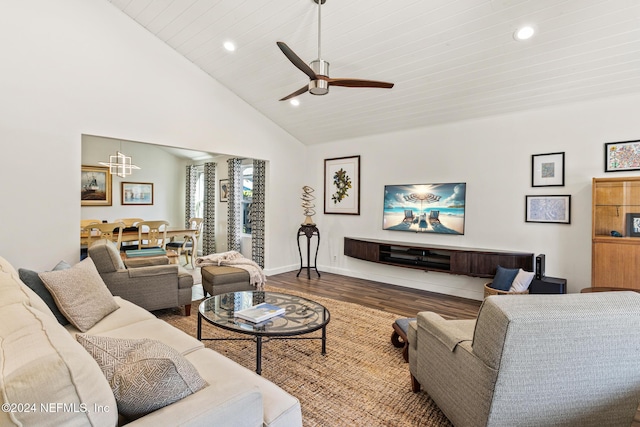 living room featuring hardwood / wood-style flooring, ceiling fan, and high vaulted ceiling