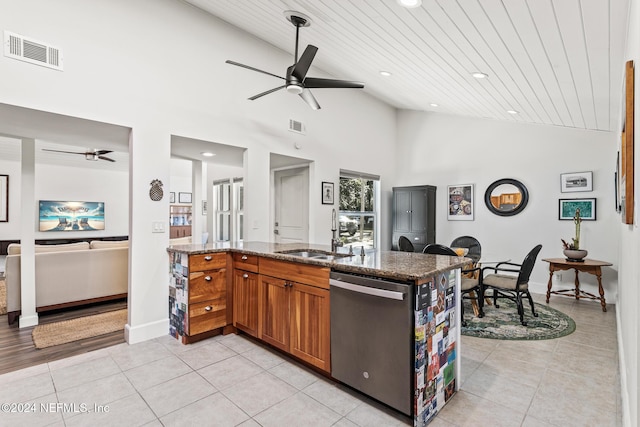 kitchen with wooden ceiling, sink, stainless steel dishwasher, light tile patterned floors, and stone countertops