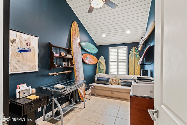 tiled home office with vaulted ceiling, ceiling fan, and wood ceiling