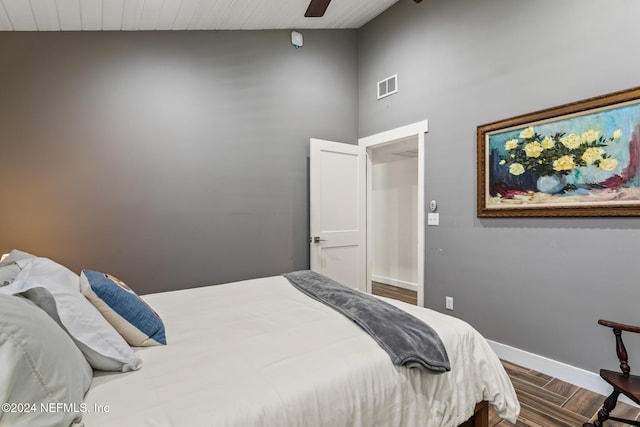 bedroom featuring high vaulted ceiling, ceiling fan, and wooden ceiling