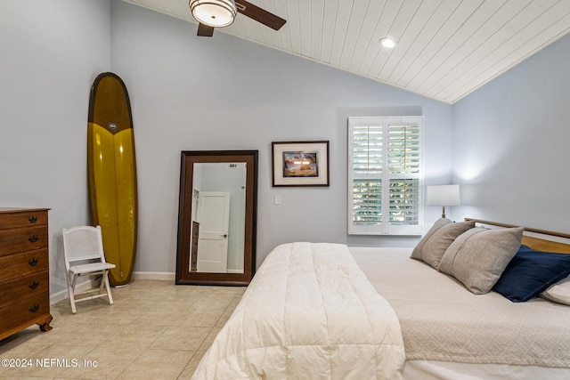 bedroom featuring high vaulted ceiling, ceiling fan, wooden ceiling, and light tile patterned flooring