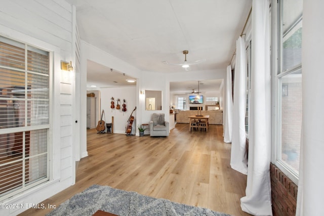 living room with a wealth of natural light, ceiling fan, and wood-type flooring