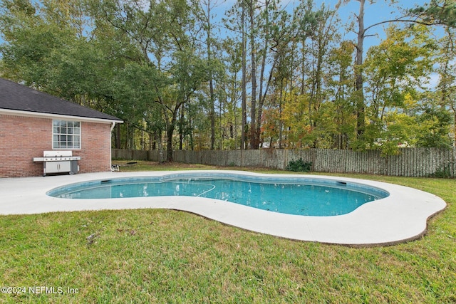 view of swimming pool with area for grilling and a yard