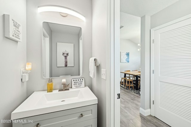 bathroom with wood finished floors and vanity