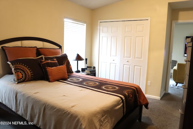 carpeted bedroom featuring a closet and lofted ceiling