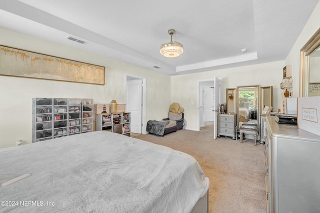 carpeted bedroom featuring a raised ceiling