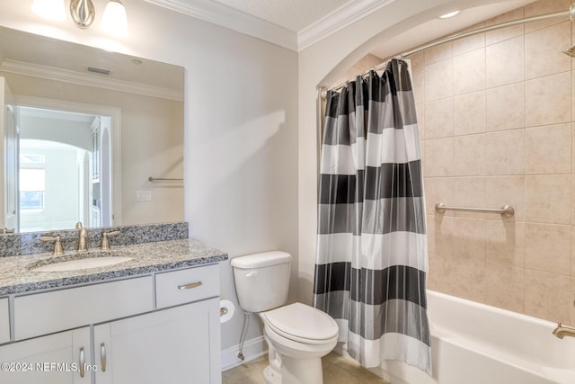 full bathroom with shower / bathtub combination with curtain, crown molding, a textured ceiling, toilet, and vanity