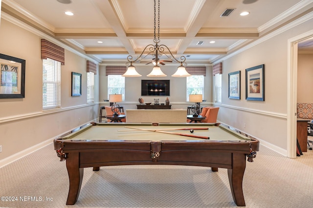 rec room with crown molding, light carpet, and coffered ceiling