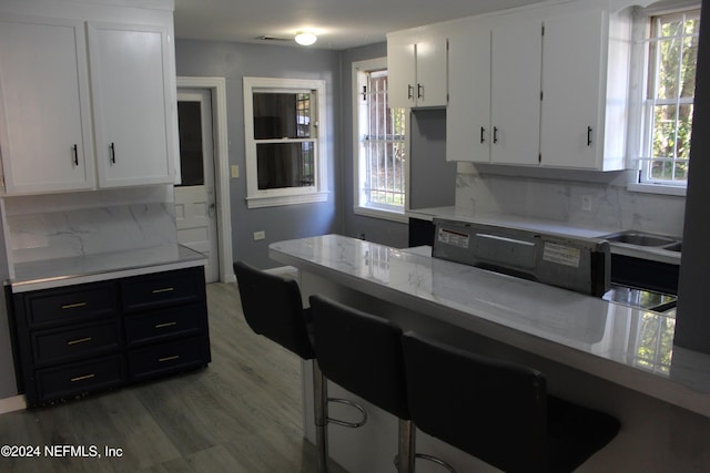 kitchen featuring tasteful backsplash, hardwood / wood-style flooring, and white cabinets