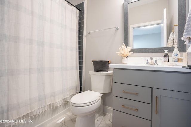 full bathroom with vanity, shower / bathtub combination with curtain, and toilet