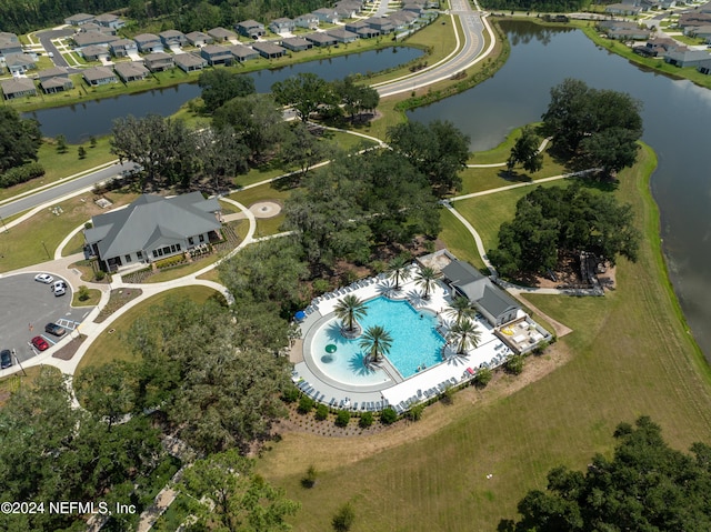 aerial view featuring a water view