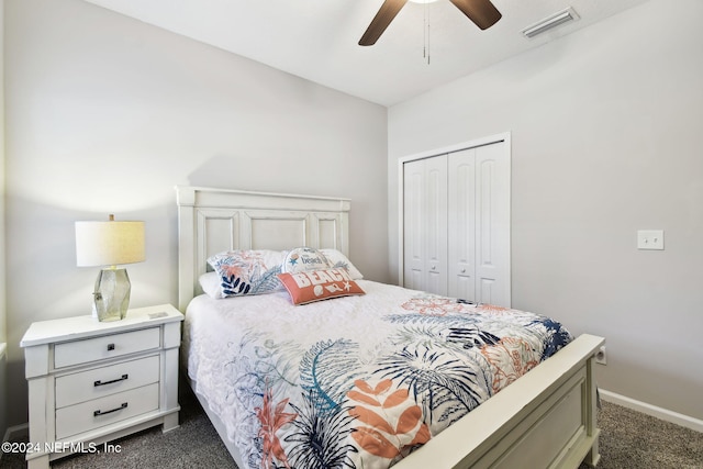 carpeted bedroom featuring ceiling fan and a closet