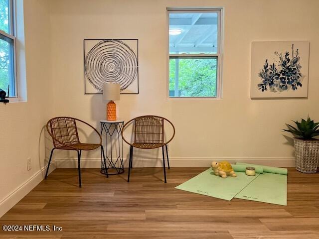 sitting room with hardwood / wood-style flooring and plenty of natural light