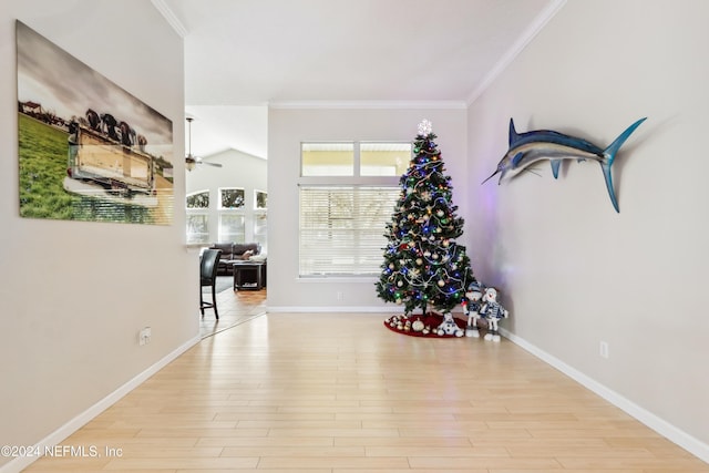 workout room with ceiling fan, light hardwood / wood-style flooring, lofted ceiling, and ornamental molding