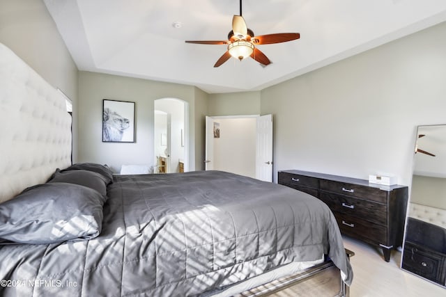 bedroom with ceiling fan and light hardwood / wood-style flooring