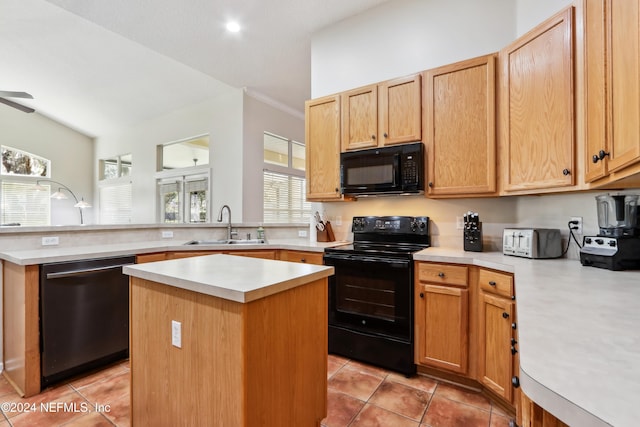 kitchen with kitchen peninsula, sink, black appliances, light tile patterned floors, and a center island