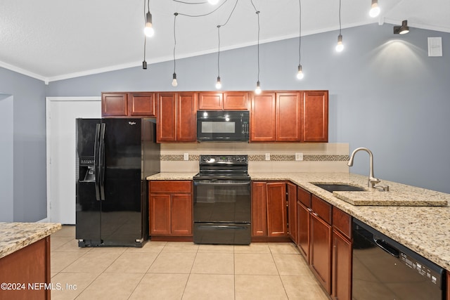 kitchen featuring pendant lighting, sink, black appliances, and lofted ceiling