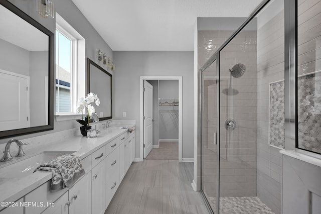 bathroom featuring vanity and a shower with door