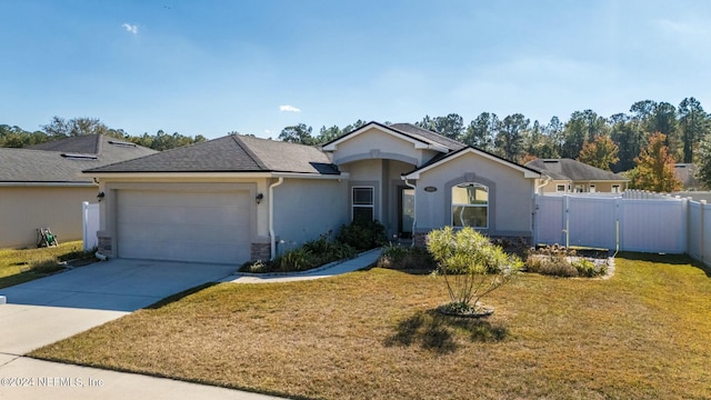 ranch-style house with a front yard and a garage