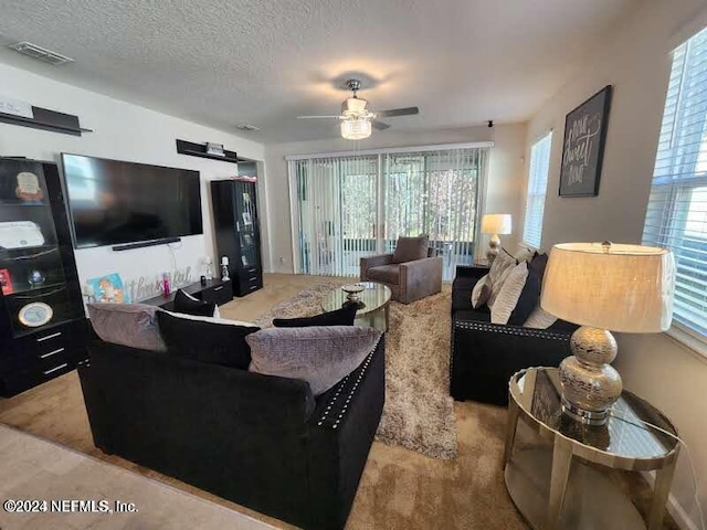 living room with ceiling fan, a healthy amount of sunlight, and a textured ceiling