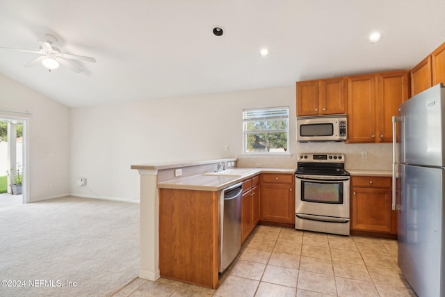 kitchen featuring kitchen peninsula, lofted ceiling, stainless steel appliances, and a wealth of natural light