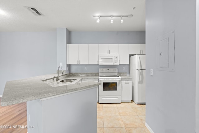 kitchen with light hardwood / wood-style floors, white appliances, sink, electric panel, and white cabinetry