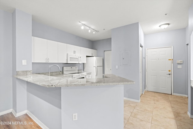 kitchen featuring light stone countertops, sink, kitchen peninsula, white appliances, and white cabinets