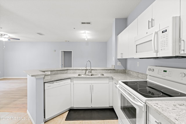 kitchen with kitchen peninsula, white appliances, white cabinets, and sink