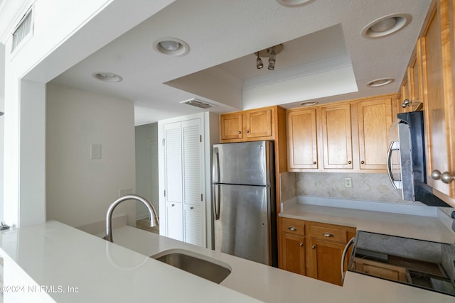 kitchen with sink, stainless steel appliances, backsplash, kitchen peninsula, and a tray ceiling