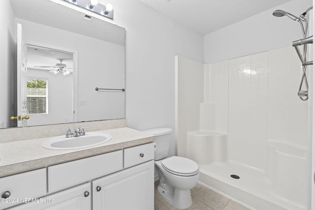 bathroom featuring ceiling fan, tile patterned flooring, a shower, a textured ceiling, and toilet